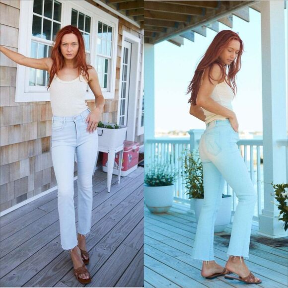 Mother The Hustler Ankle Fray Jeans Size 26 Pina Colada Paradise High Rise Flare - Picture 1 of 11